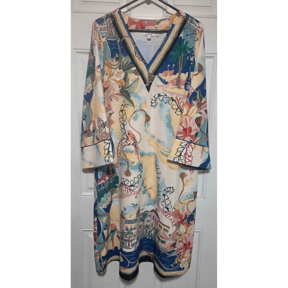 Chicos Florida Postcard Map Print V-Neck Shift Dress Flamingo Tropical Size 1 M